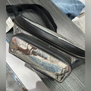 Michael Kors Cooper Men Small Ombré MK Logo Sling Pack Utility Belt Bag silver